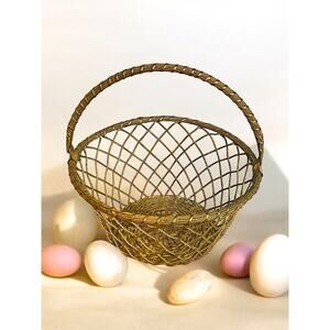 Vintage Brass Wire Basket-Hand Woven Metal-Mid Century Farmhouse Decor MCM